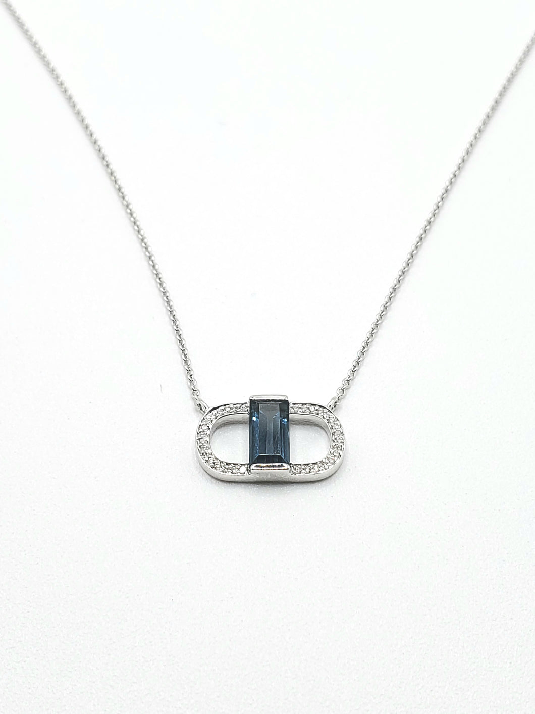 14k White Gold Diamond Oval & Emerald Cut London Blue Topaz Necklace (I8592)