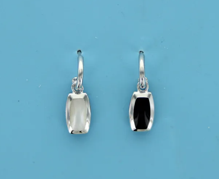 Sterling Silver Rhodium Plated Reversible Black Agate & Mother of Pearl Rectangle Earrings (SI6645)