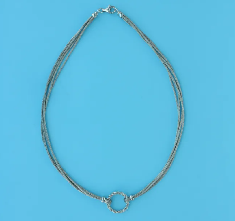 Sterling Silver Rhodium Plated Mesh Multi-Strand Necklace w/ Beaded Center Ring (SI6894)