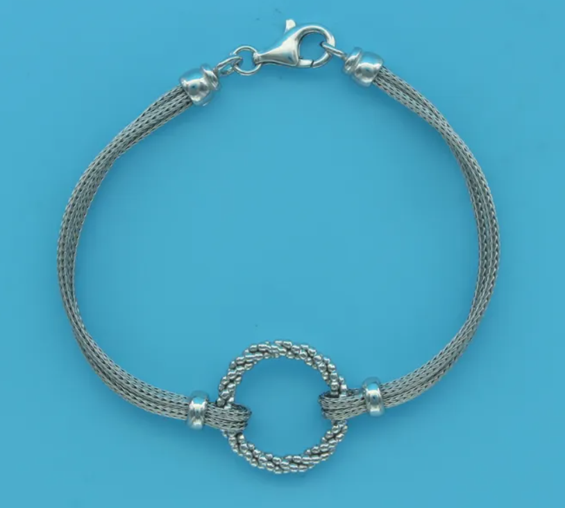 Sterling Silver Rhodium Plated Mesh Multi-Strand Bracelet w/ Beaded Center Ring (SI6647)