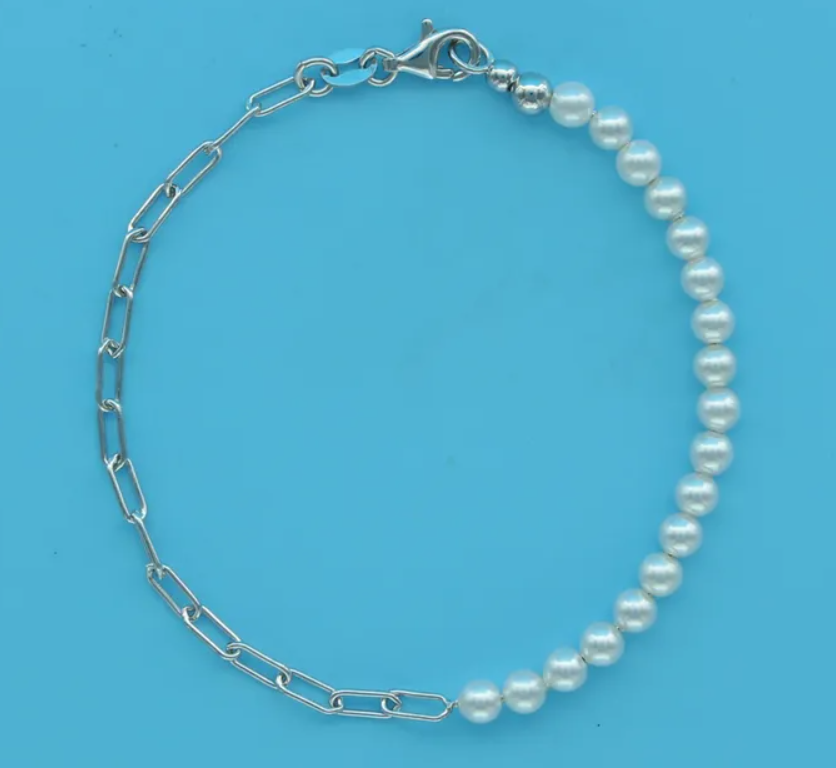 Sterling Silver Rhodium Plated Half Pearl/Chain Bracelet (SI6636)