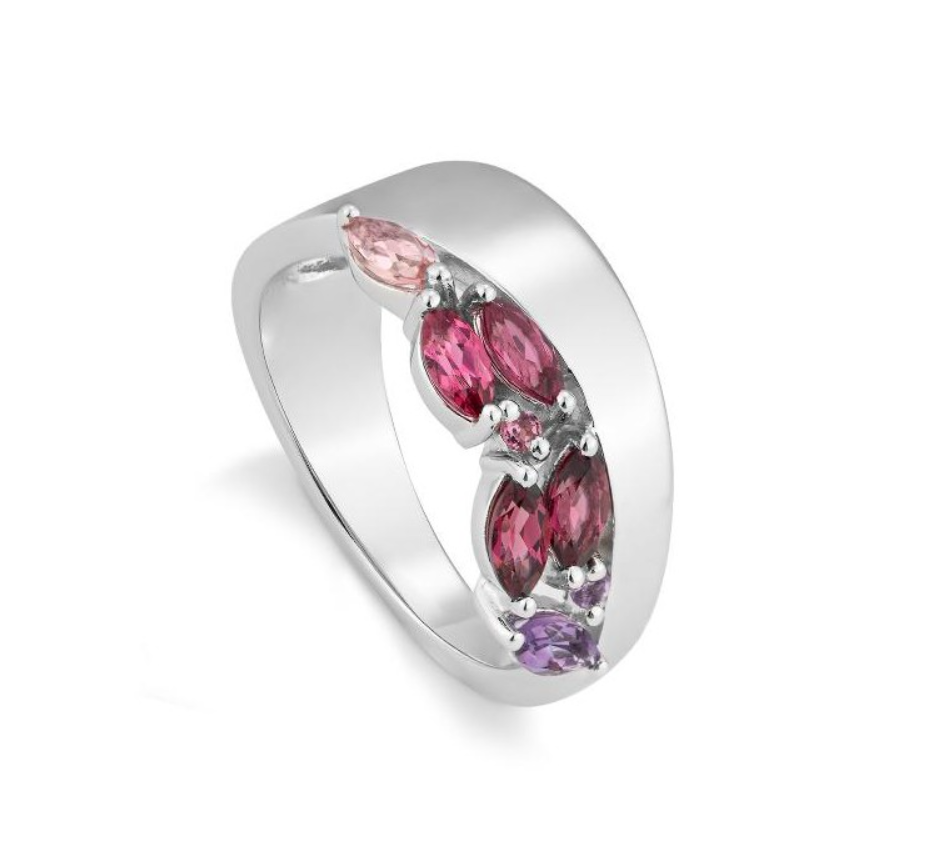 14k White Gold Light Pink Tourmaline, Rhodolite, Amethyst, Dark Pink Tourmaline Ring (I8821)