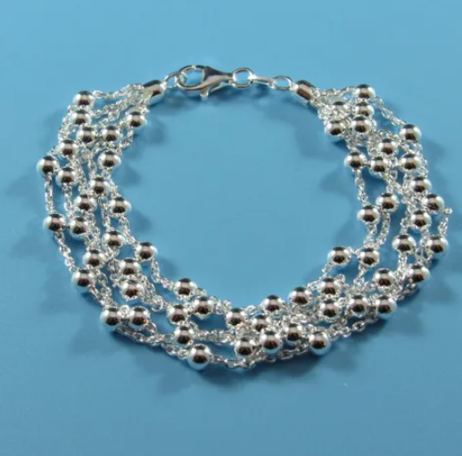 Sterling Silver Rhodium Plated Five Strand Beaded Bracelet (SI8106)