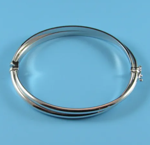 Sterling Silver Rhodium Plated Double Oval Hinged Bangle Bracelet (SI8099)