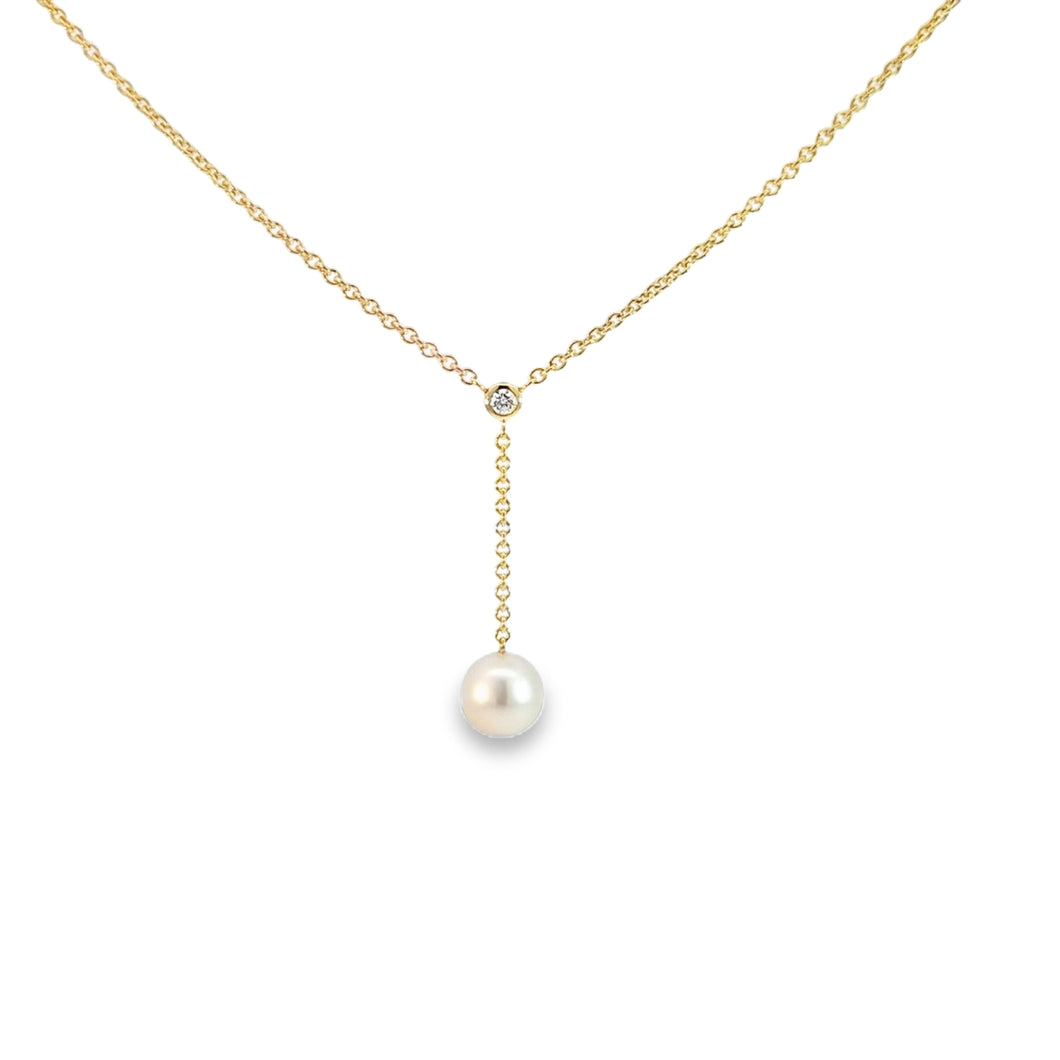 14k Gold Bezel Set Diamond & Cultured Pearl Drop Necklace