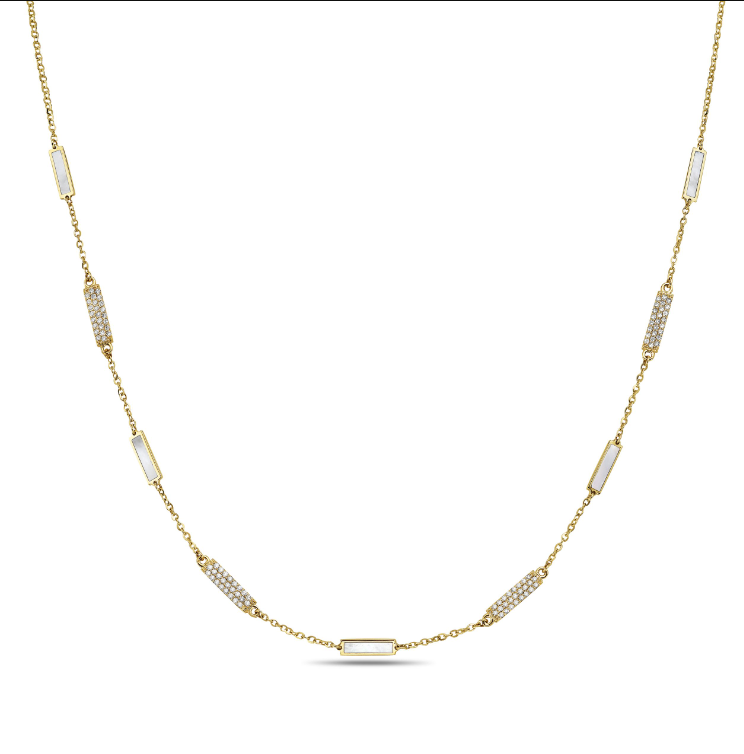 14k Yellow Gold Rectangle Bezel Mother of Pearl & Diamond Bar Station Necklace