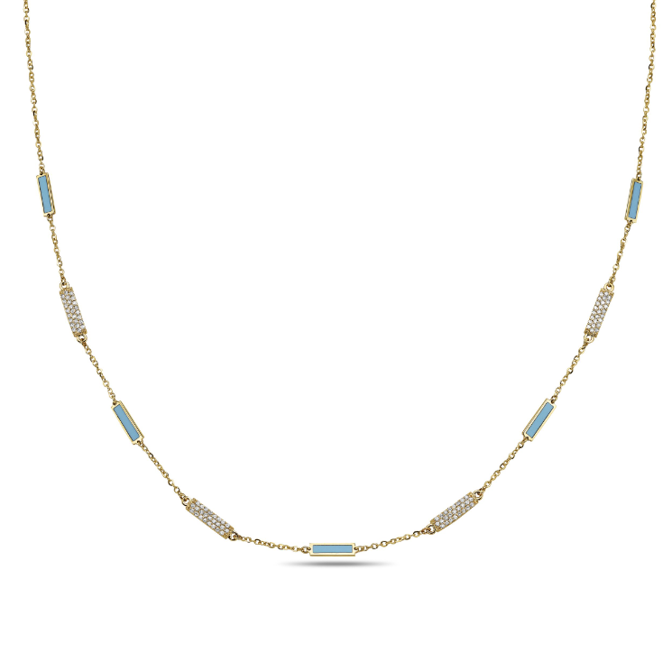 14k Yellow Gold Rectangle Turquoise & Diamond Bar Station Necklace (I9914)