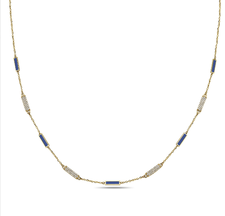 14k Yellow Gold Rectangle Pave Diamond and Lapis Station Necklace (I9825)