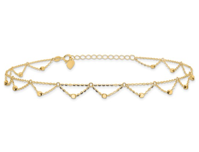 14k Yellow Gold Diamond Cut Fancy Beaded Draped Anklet (I9259)