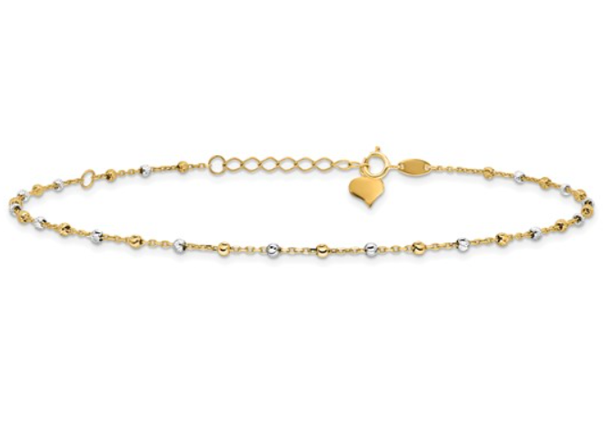 14k Two-Tone Gold Diamond Cut Bead Anklet (I9261)