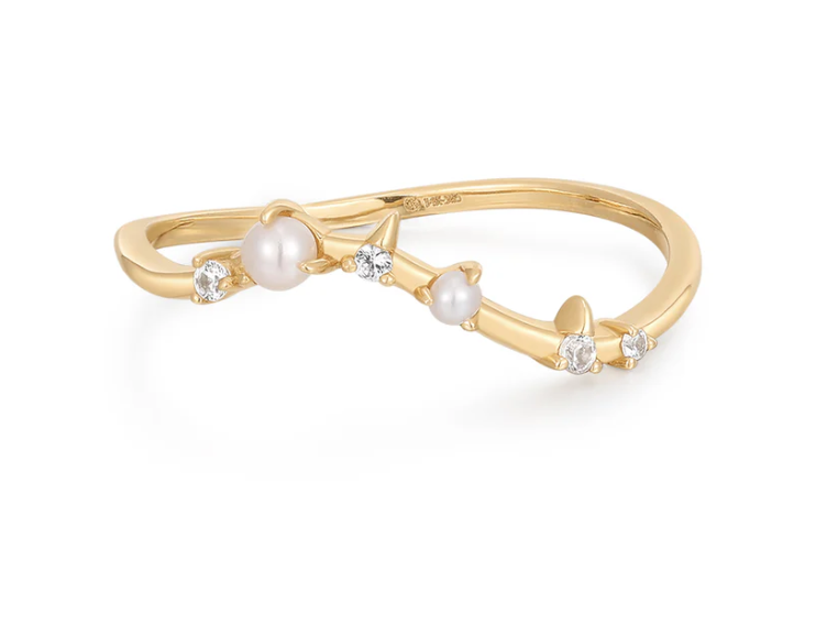 14k Yellow Gold Pearl & White Sapphire Spiked Curved Ring (I9225)