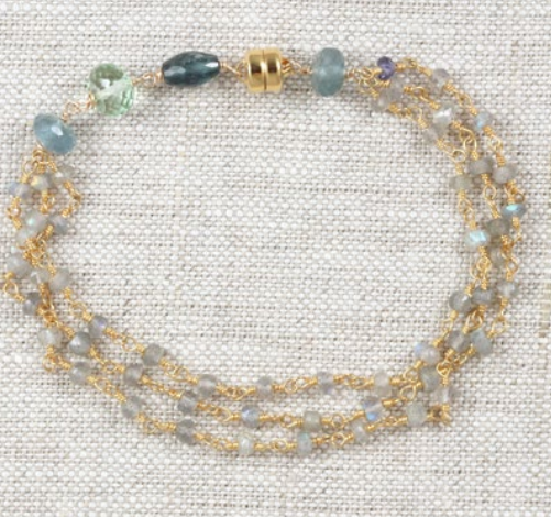 AVF Gold Labradorite, Kyanite, Moss Aqua, Green Amethyst Triple Strand Bracelet