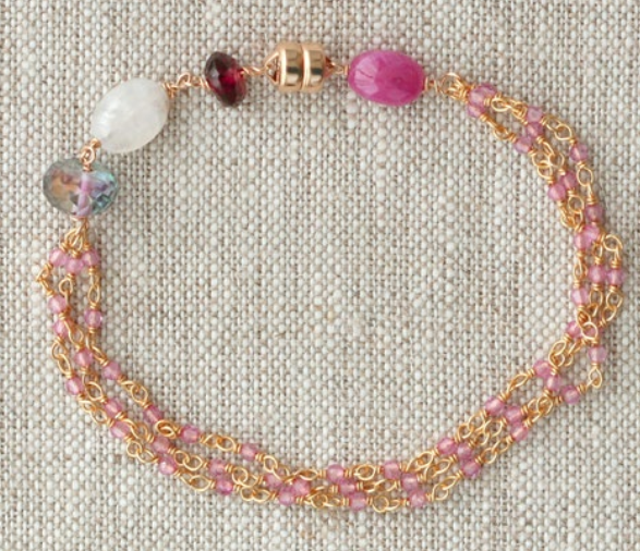 AVF Gold Pink Topaz, Ruby, Moonstone, Garnet & Quartz Triple Strand Bracelet