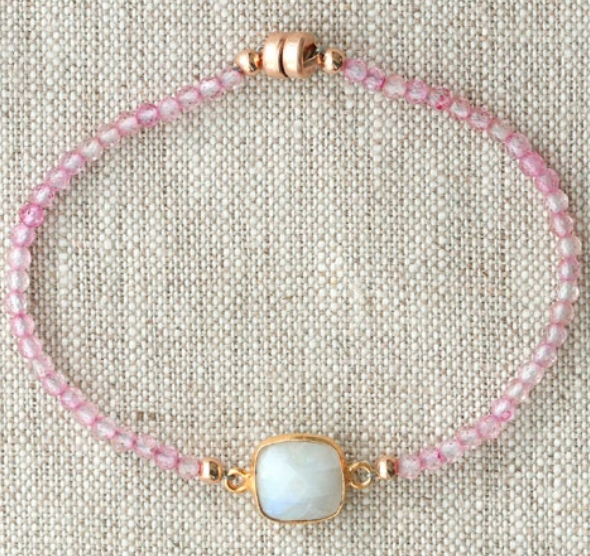 AVF Gold Moonstone, Square Bezel Link, Pink Topaz & Gold Beaded Bracelet