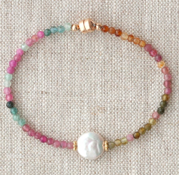 AVF Gold Multicolored Tourmaline Bracelet with White Coin Pearl