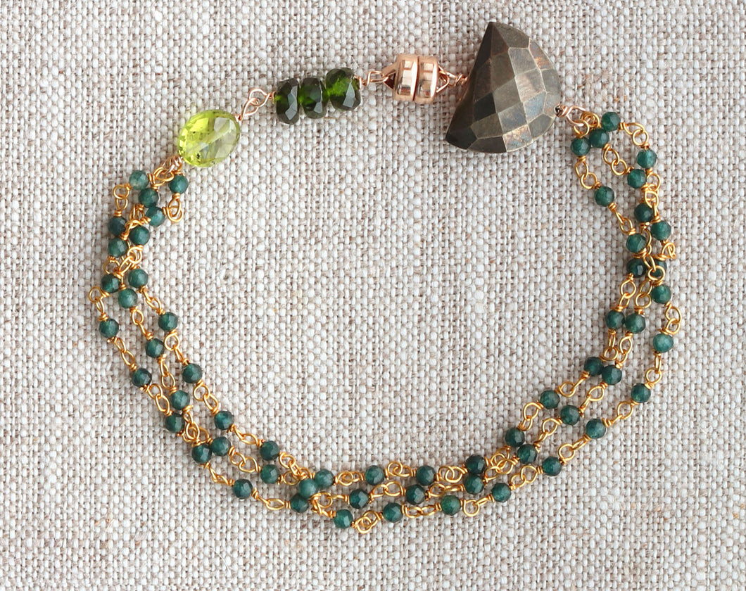 AVF Gold Chrome Diopside, Pyrite & Quartz Triple Strand Bracelet