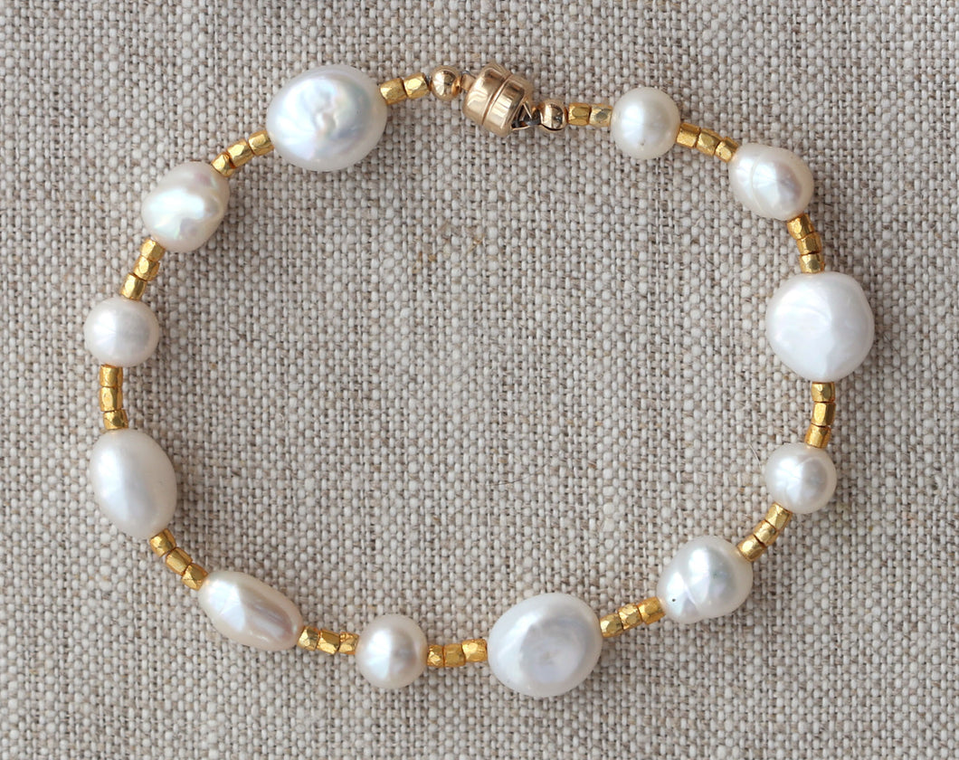 AVF Gold Glass & White Pearl Beaded Station Bracelet