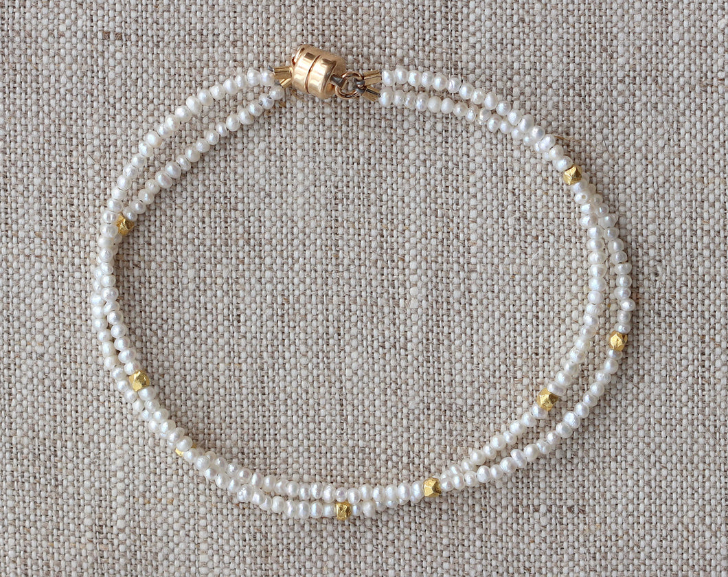 AVF Gold White Pearl Double Strand Beaded Bracelet