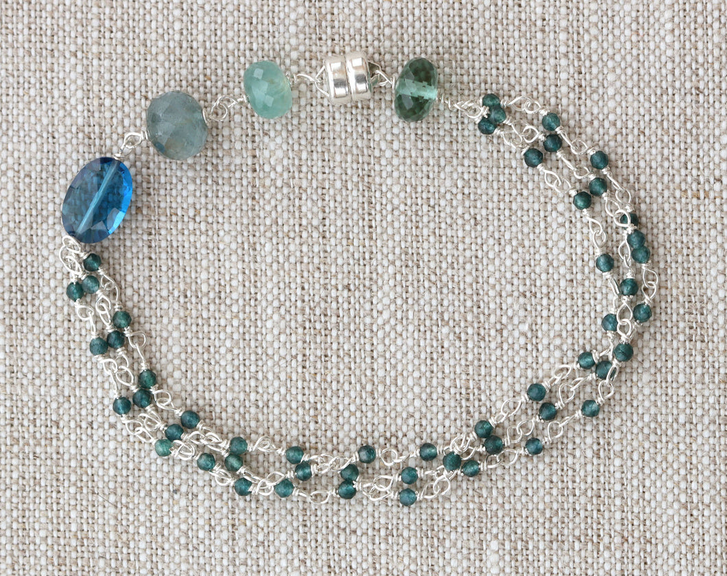 AVF Silver London Blue Quartz, Moss Aquamarine, Green Quartz & Grandidierite Triple Strand Beaded Bracelet