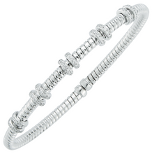 Load image into Gallery viewer, 18k Yellow or White Gold Flex Cuff Bangle Bracelet w/ Ten White Gold Pave Diamond Lines
