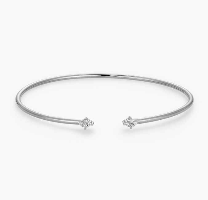 Sterling Silver Rhodium or Gold Plated Four Cluster Lab-Created Diamond Flex Cuff Bracelet