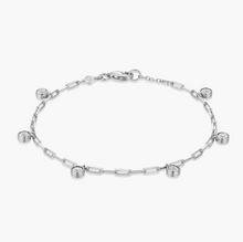 Load image into Gallery viewer, Monte Luna Sterling Silver Rhodium or Gold Plated Lab-Created Bezel Set Diamond Dangle Station Paperclip Bracelet
