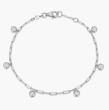 Load image into Gallery viewer, Monte Luna Sterling Silver Rhodium or Gold Plated Lab-Created Bezel Set Diamond Dangle Station Paperclip Bracelet
