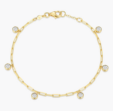 Load image into Gallery viewer, Monte Luna Sterling Silver Rhodium or Gold Plated Lab-Created Bezel Set Diamond Dangle Station Paperclip Bracelet
