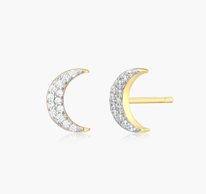 Sterling Silver Rhodium or Gold Plated Lab-Created Diamond Crescent Stud Earrings
