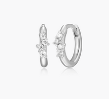 Load image into Gallery viewer, Monte Luna Rhodium or Gold Plated Sterling Silver Scattered Lab-Created Diamond Huggie Hoop Earrings

