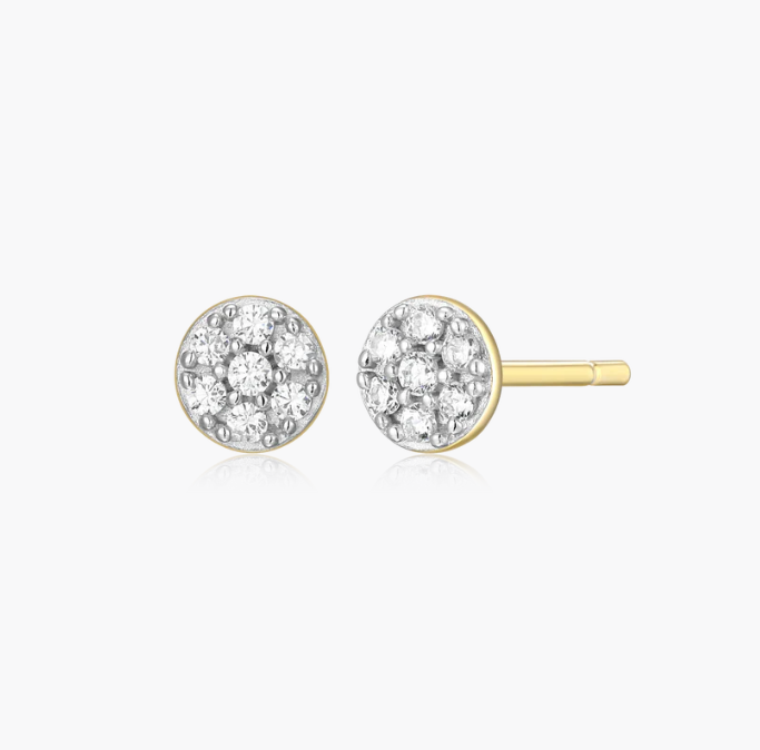 Sterling Silver Rhodium or Gold Plated Petite Lab-Created Pave Diamond Round Stud Earrings