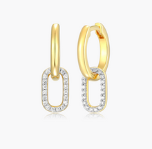 Load image into Gallery viewer, Sterling Silver Rhodium or Gold Plated Lab-Created Diamond Paperclip Drop Huggie Hoop Earrings
