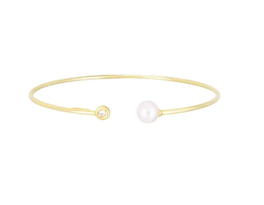 14k Yellow Gold Freshwater Pearl & Bezel Diamond Open Flex Bracelet (I8111)