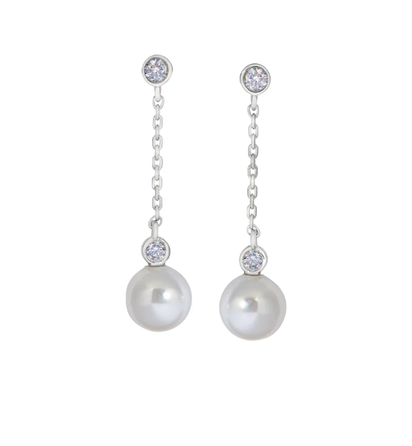 Kelly Waters Simulated Bezel Diamond & Pearl Chain Drop Earrings (SI8092)