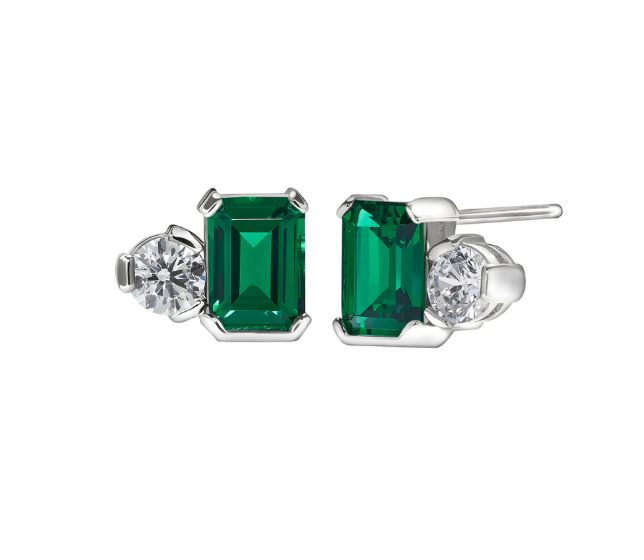 Kelly Waters Platinum Plated Sterling Silver Simulated Emerald & Diamond Stud Earrings (SI8093)