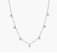 Load image into Gallery viewer, Sterling Silver Rhodium or Gold Plated Lab-Created Bezel Set Diamond Dangle Paperclip Station Necklace
