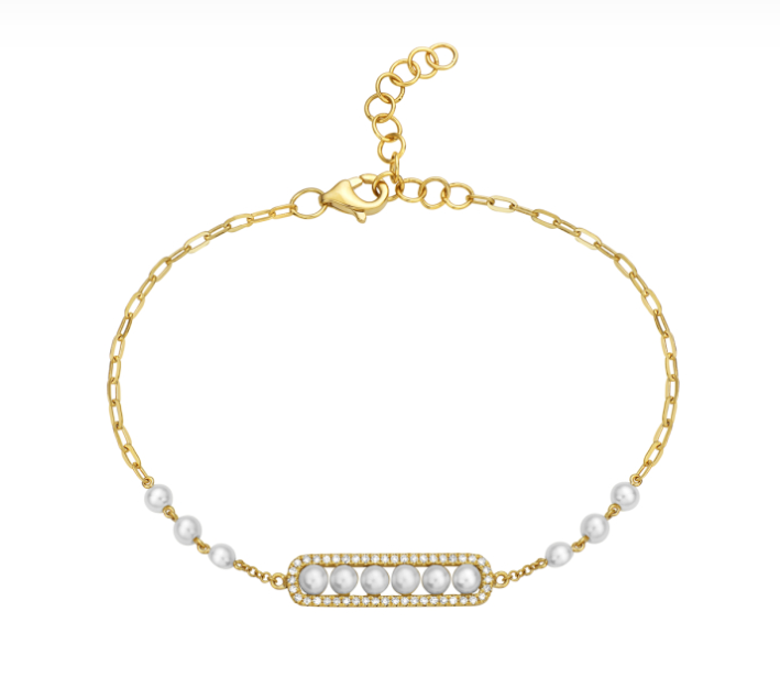 14k Yellow Gold Pearl & Diamond Chain Bracelet (I8414)