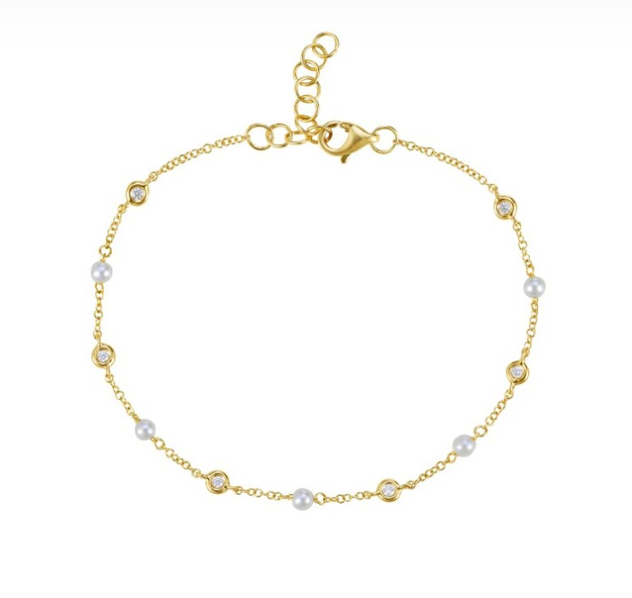 14k White or Yellow Gold Diamond & Freshwater Pearl Station Bracelet