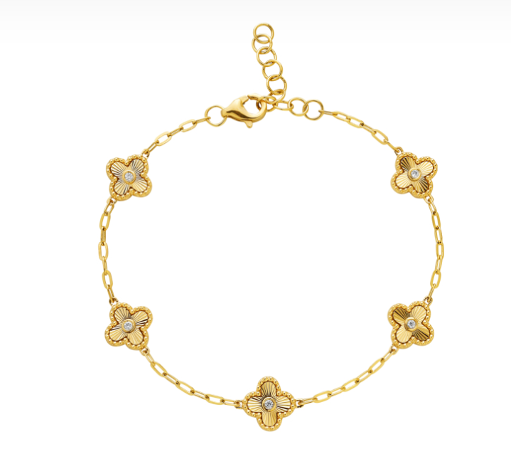 14k Yellow Gold Textured Clover Station Bracelet with Diamond Accents (I8535)