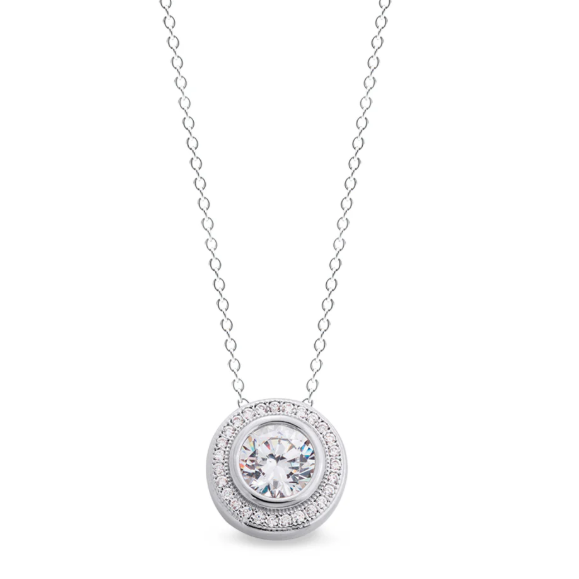 Kelly Waters Sterling Silver Bezel Simulated Diamond Solitaire & Halo Necklace (SI8035)