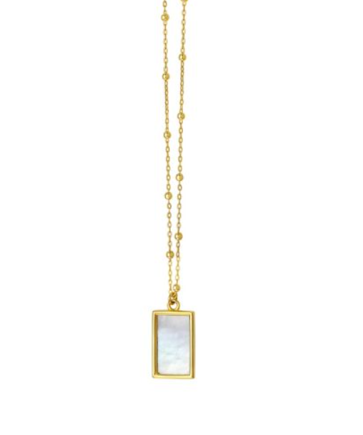 14k Yellow Gold Mother of Pearl Petite Rectangle Necklace w/ Beaded Chain (I7522)