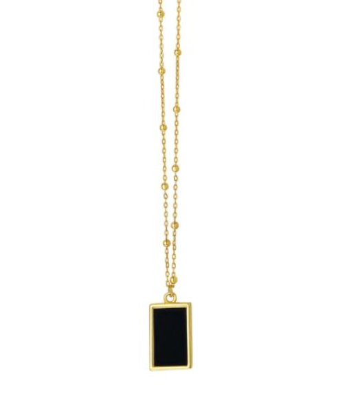 14k Yellow Gold Black Onyx Petite Rectangle Necklace w/ Beaded Chain (I9580)