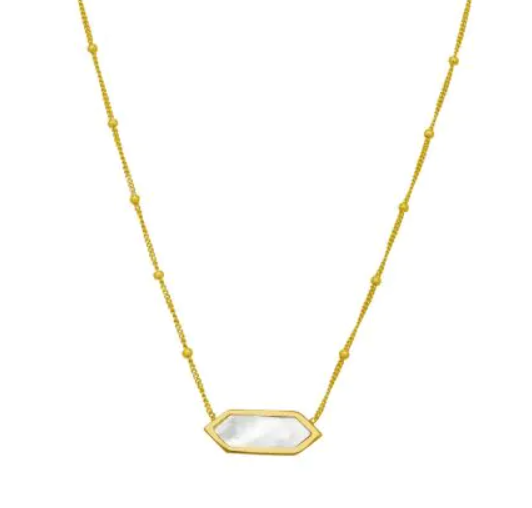 14k Yellow Gold Hexagon Mother of Pearl Beaded Chain Necklace (I7508)