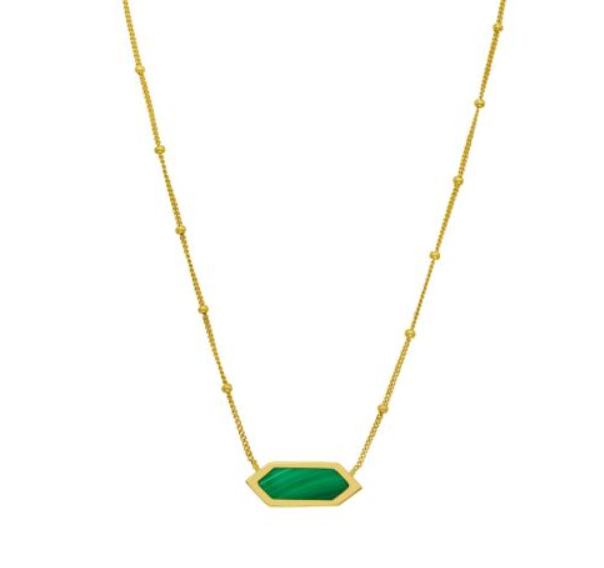 14k Yellow Gold Hexagon Malachite Beaded Chain Necklace (I7510)
