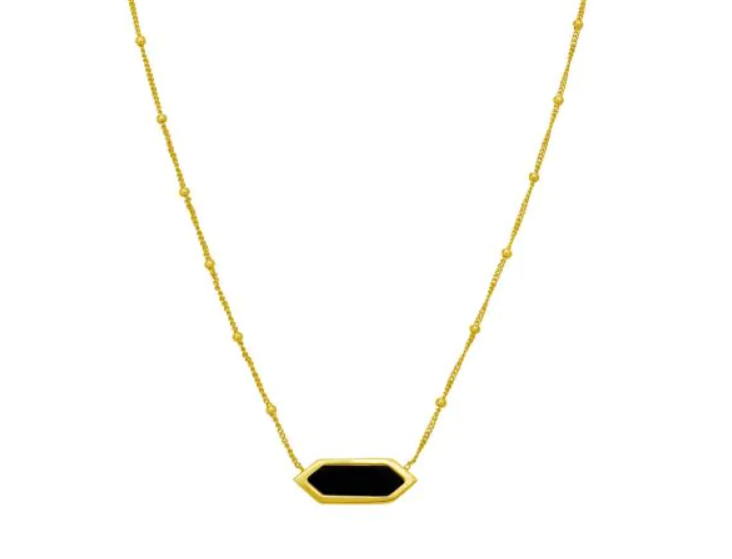 14k Yellow Gold Onyx Inlay Hexagon Beaded Chain Necklace (I9634)