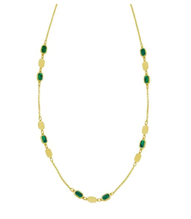 14k Yellow Gold Inlay Hexagon Malachite Station Necklace (I9632)