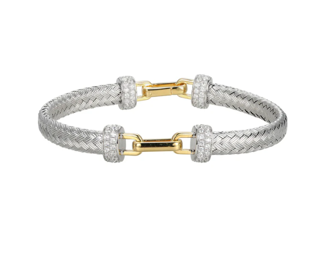 Rhodium Plated Mesh Bracelet w/ Gold Plated Links & CZ End Caps