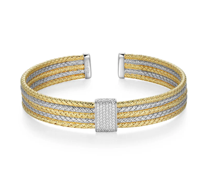 Rhodium & Gold Plated Sterling Silver Multi-Row Wide Cuff Bracelet w/ CZs