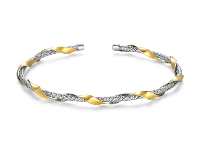 Two Tone Rhodium Plated & Gold Plated Sterling Silver Twisted Cuff Bracelet
