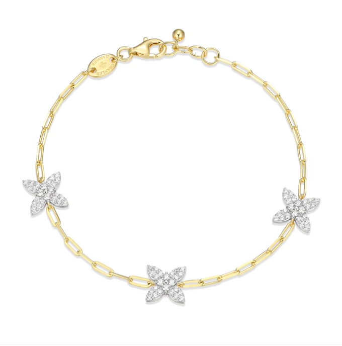 Rhodium Plated & Gold Plated Sterling Silver Two Tone CZ Flora Station Bracelet